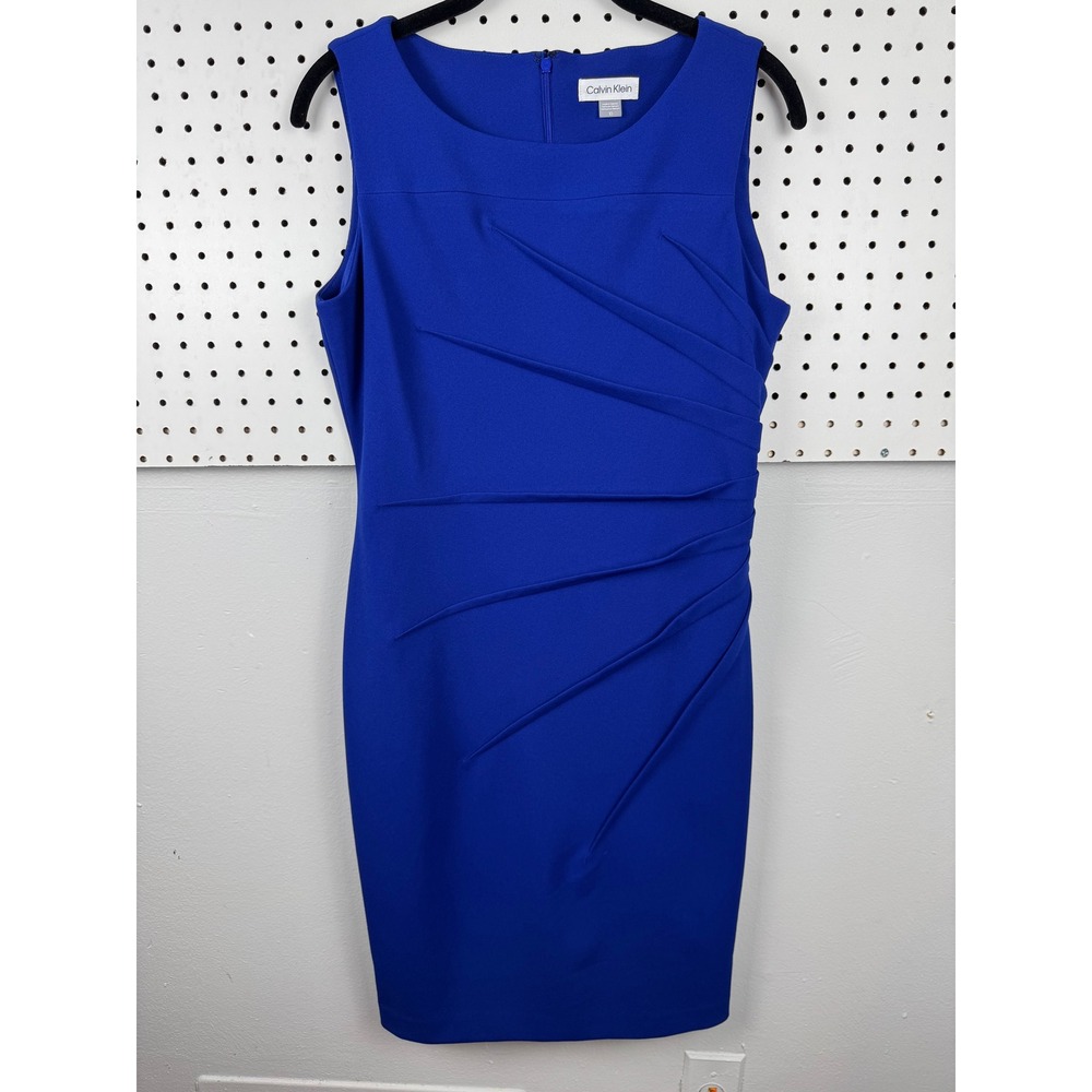 Calvin Klein Cobalt Blue Sheath Dress 10 Asymmetric Pleated Cocktail Career